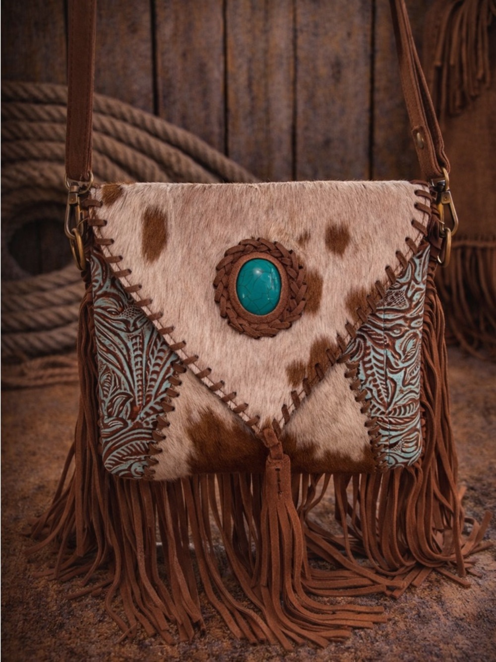 Hand-Tooled Leather Crossbody Bag with Turquoise Accents - Brown